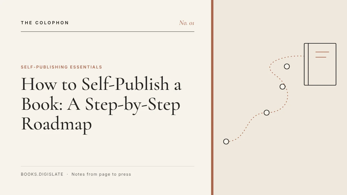 The Colophon featured image: a winding route of ten numbered stops from manuscript to finished book