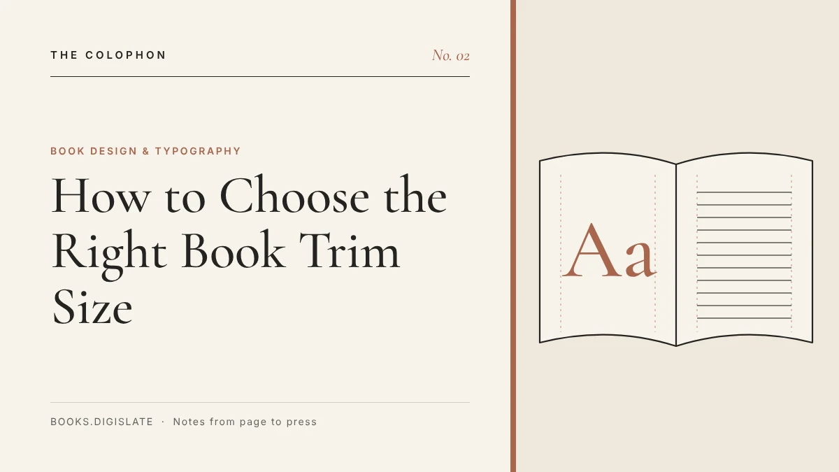 The Colophon No. 02: How to Choose the Right Book Trim Size. Illustration of an open book spread with a type grid and the letters Aa